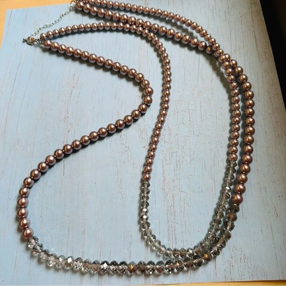 Silver Glass Pearl and Clear Glass Bead Double Strand Necklace